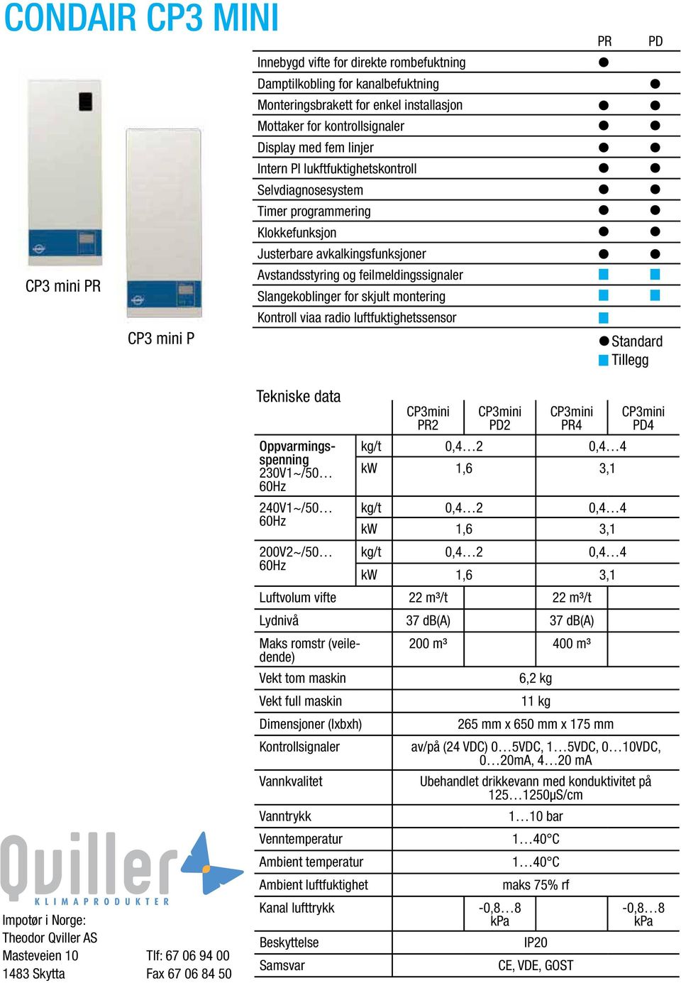 Kontroll viaa radio luftfuktighetssensor CP3 mini P PR PD Standard Tillegg Impotør i Norge: Theodor Qviller AS Masteveien 10 1483 Skytta Tlf: 67 06 94 00 Fax 67 06 84 50 Tekniske data