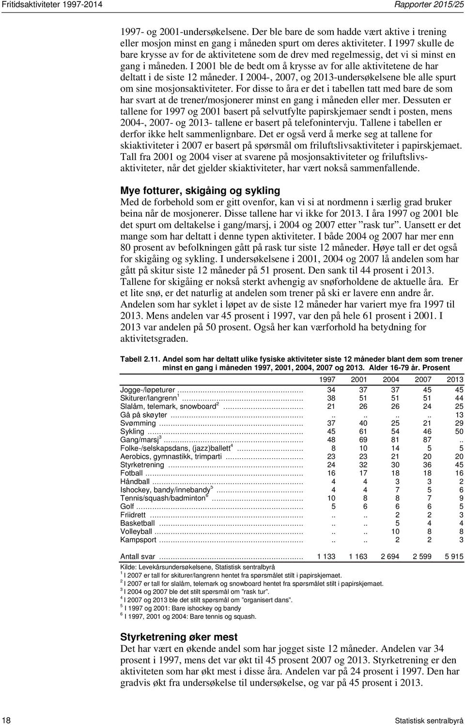 I 2001 ble de bedt om å krysse av for alle aktivitetene de har deltatt i de siste 12 måneder. I 2004-, 2007, og 2013-undersøkelsene ble alle spurt om sine mosjonsaktiviteter.