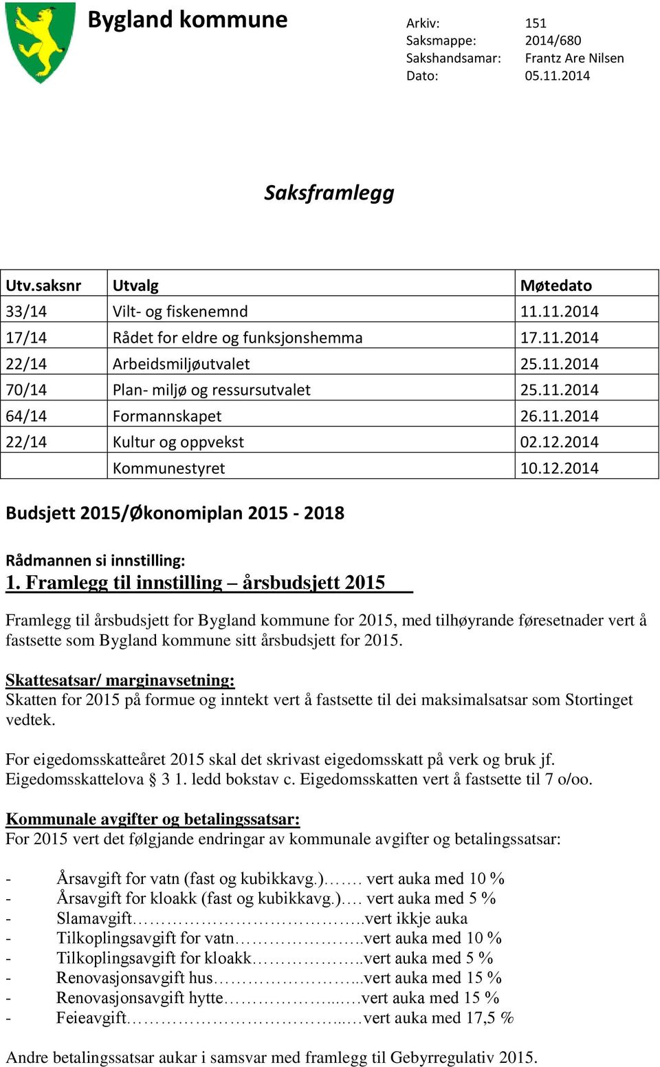 2014 Kommunestyret 10.12.2014 Budsjett 2015/Økonomiplan 2015-2018 Rådmannen si innstilling: 1.