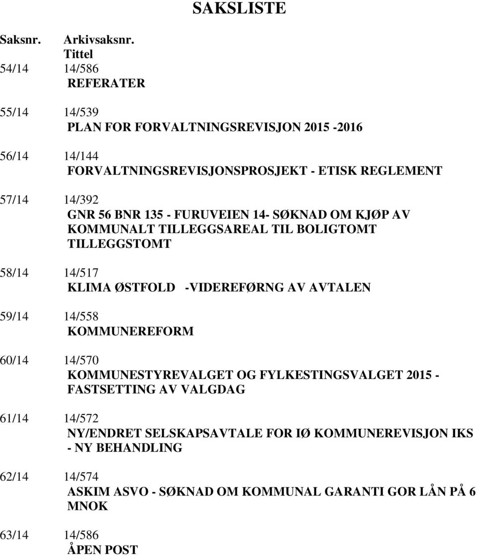 14/392 GNR 56 BNR 135 - FURUVEIEN 14- SØKNAD OM KJØP AV KOMMUNALT TILLEGGSAREAL TIL BOLIGTOMT TILLEGGSTOMT 58/14 14/517 KLIMA ØSTFOLD -VIDEREFØRNG AV