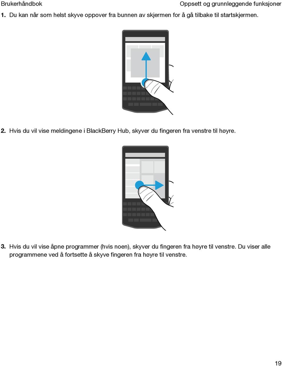 Hvis du vil vise meldingene i BlackBerry Hub, skyver du fingeren fra venstre til høyre. 3.