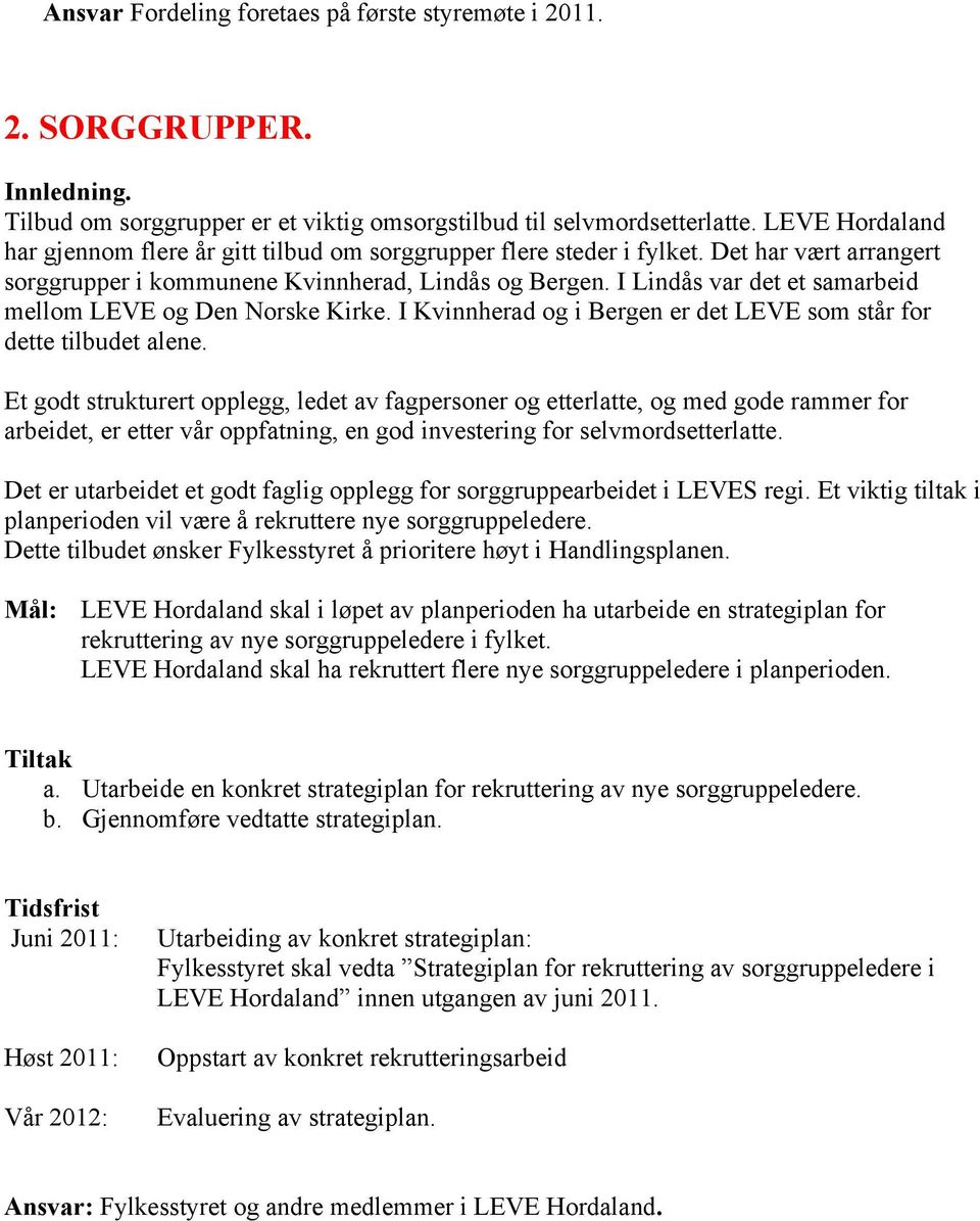 I Lindås var det et samarbeid mellom LEVE og Den Norske Kirke. I Kvinnherad og i Bergen er det LEVE som står for dette tilbudet alene.