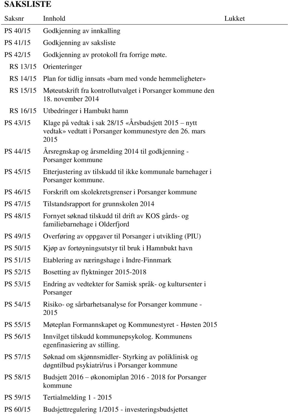 november 2014 RS 16/15 Utbedringer i Hambukt hamn PS 43/15 Klage på vedtak i sak 28/15 «Årsbudsjett 2015 nytt vedtak» vedtatt i Porsanger kommunestyre den 26.