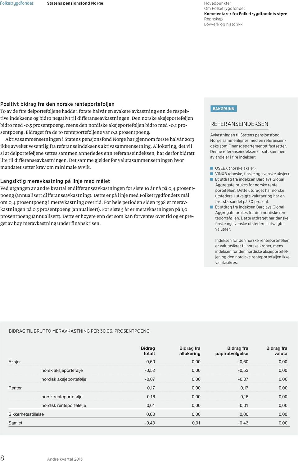 Aktivasammensetningen i Statens pensjonsfond Norge har gjennom første halvår 2013 ikke avveket vesentlig fra referanseindeksens aktivasammensetning.