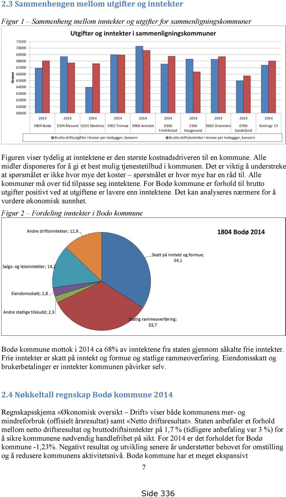 Alle kommuner må over tid tilpasse seg inntektene. For Bodø kommune er forhold til brutto utgifter positivt ved at utgiftene er lavere enn inntektene.