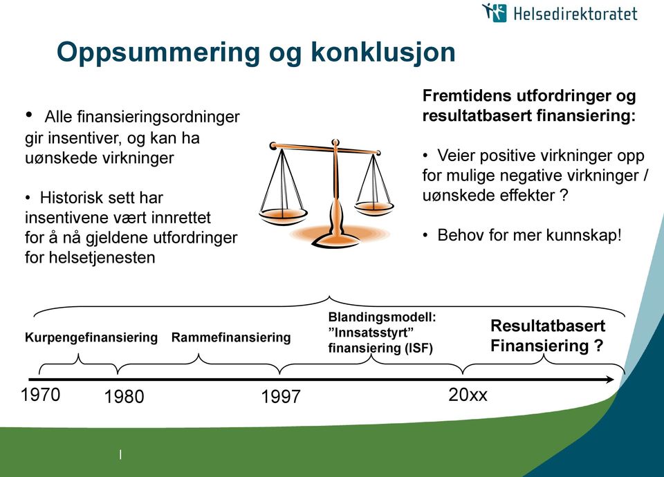 finansiering: Veier positive virkninger opp for mulige negative virkninger / uønskede effekter? Behov for mer kunnskap!