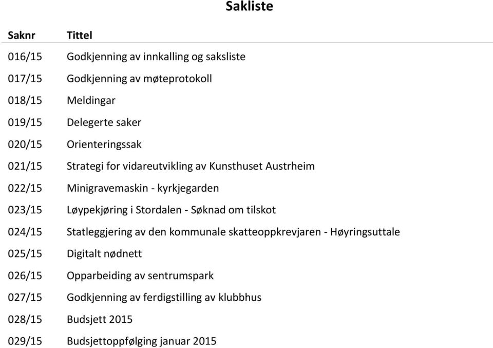 Løypekjøring i Stordalen - Søknad om tilskot 024/15 Statleggjering av den kommunale skatteoppkrevjaren - Høyringsuttale 025/15 Digitalt