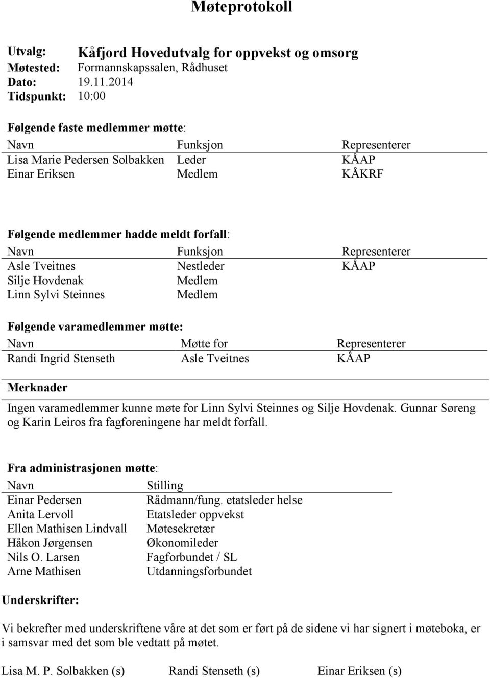 Funksjon Representerer Asle Tveitnes Nestleder KÅAP Silje Hovdenak Medlem Linn Sylvi Steinnes Medlem Følgende varamedlemmer møtte: Navn Møtte for Representerer Randi Ingrid Stenseth Asle Tveitnes