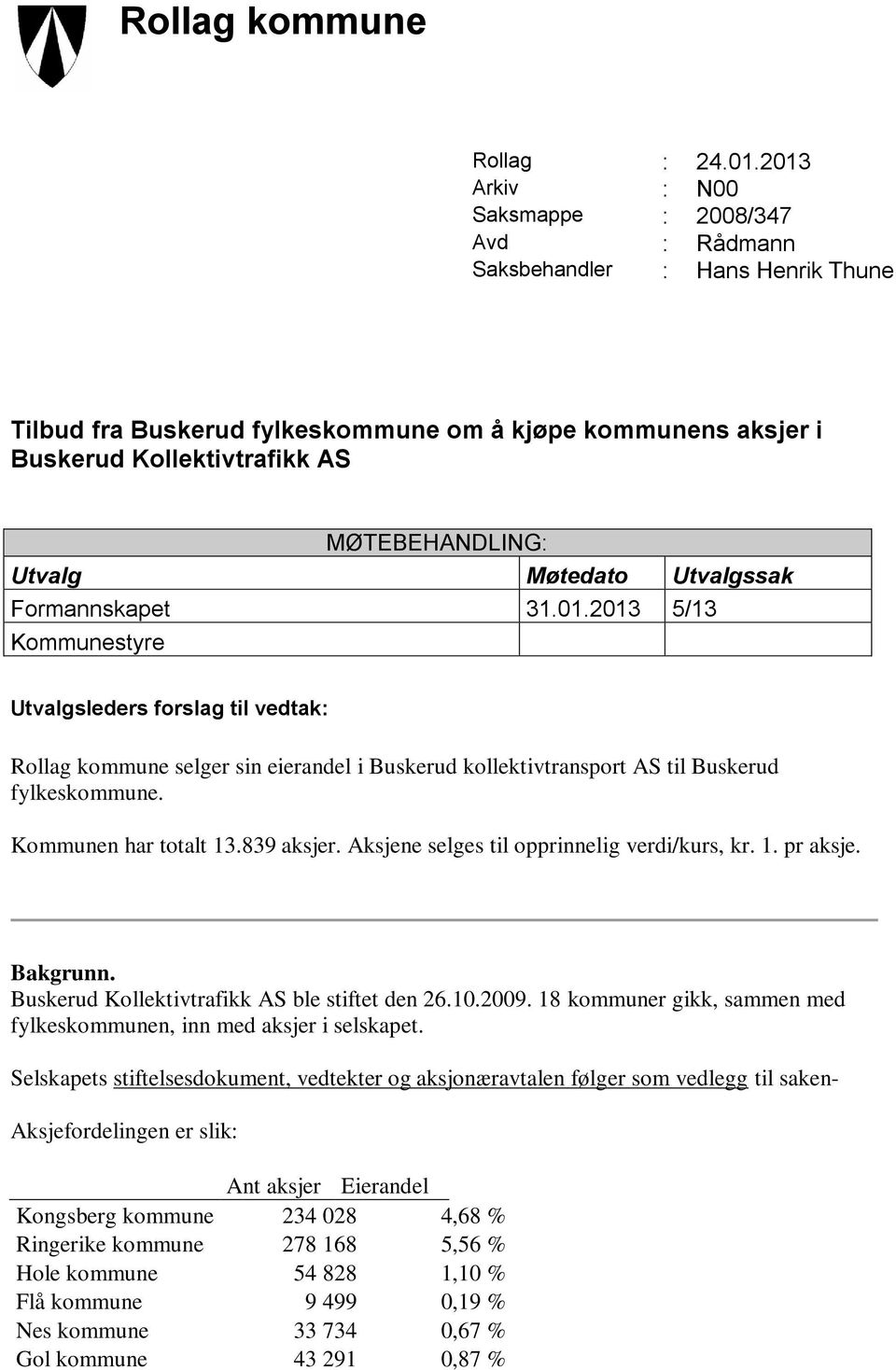 Utvalg Møtedato Utvalgssak Formannskapet 31.01.2013 5/13 Kommunestyre Utvalgsleders forslag til vedtak: Rollag kommune selger sin eierandel i Buskerud kollektivtransport AS til Buskerud fylkeskommune.