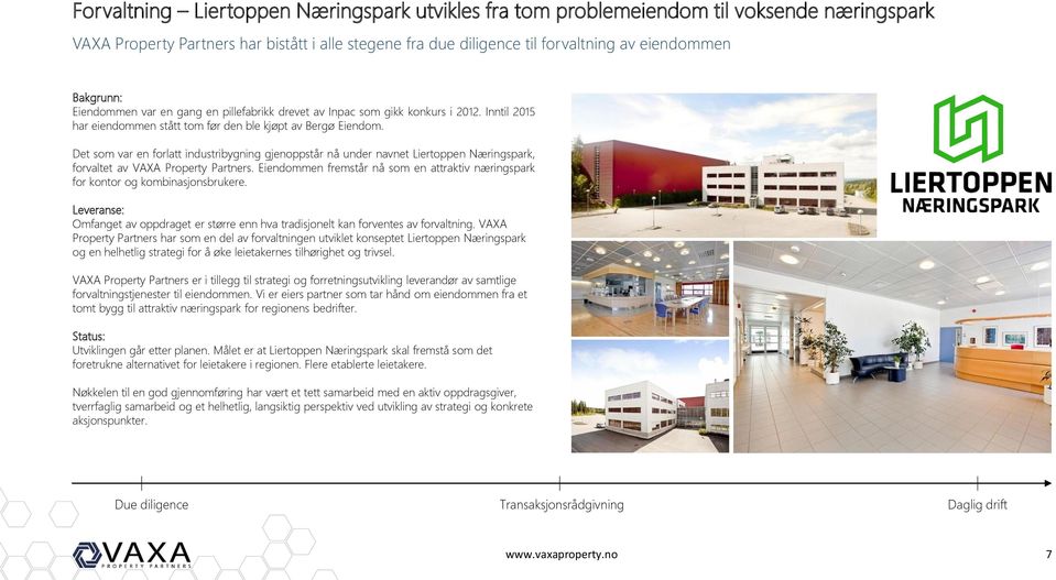 Det som var en forlatt industribygning gjenoppstår nå under navnet Liertoppen Næringspark, forvaltet av VAXA Property Partners.