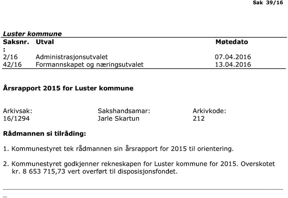 2016 Årsrapport 2015 for Arkivsak 16 / 1294 Sakshandsamar Jarle Skartun Arkivkode 212 1.