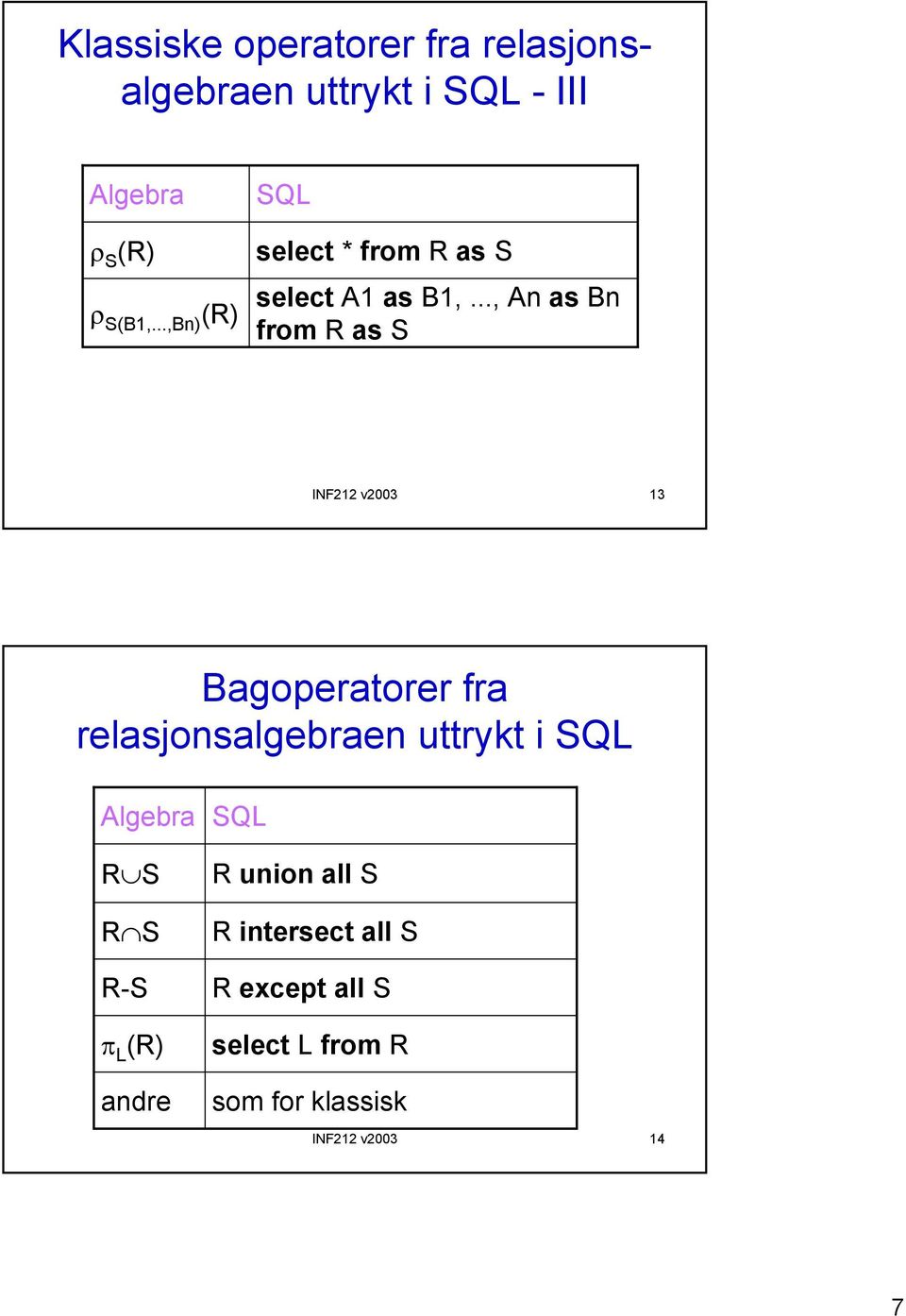 .., An as Bn from R as S INF212 v2003 13 Bagoperatorer fra relasjonsalgebraen uttrykt i SQL