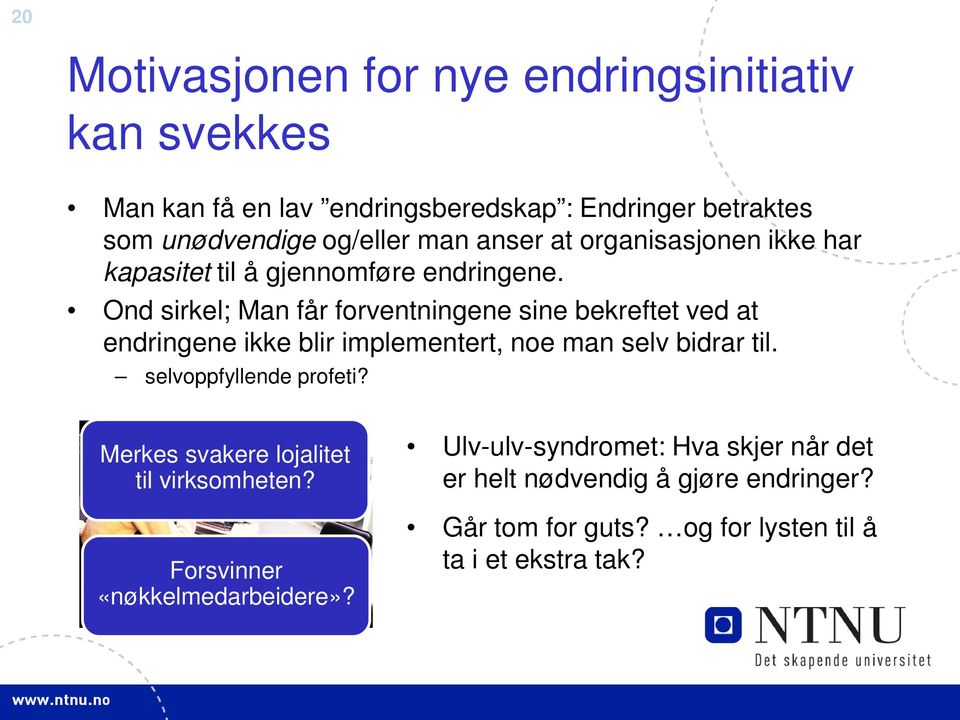 Ond sirkel; Man får forventningene sine bekreftet ved at endringene ikke blir implementert, noe man selv bidrar til. selvoppfyllende profeti?