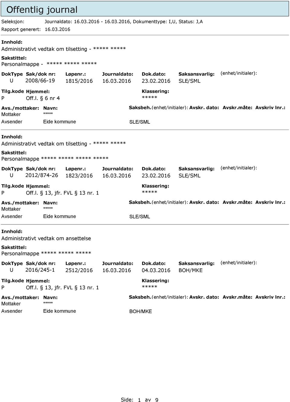 : Eide kommune SLE/SML dministrativt vedtak om tilsetting - Personalmappe 2012/874-26 1823/2016 23.02.2016 SLE/SML P vs./mottaker: Navn: Saksbeh. vskr.