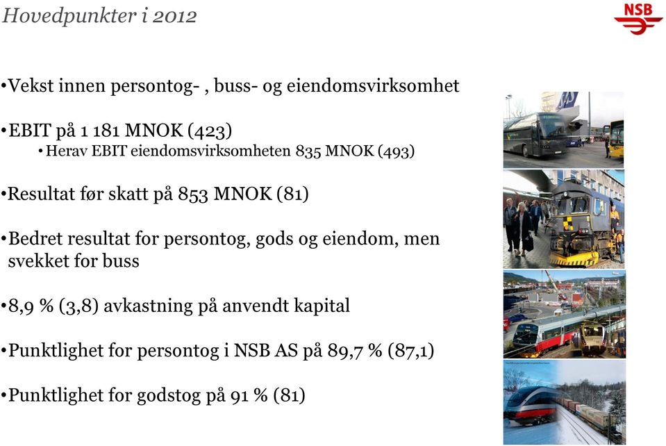 Bedret resultat for persontog, gods og eiendom, men svekket for buss 8,9 % (3,8) avkastning på