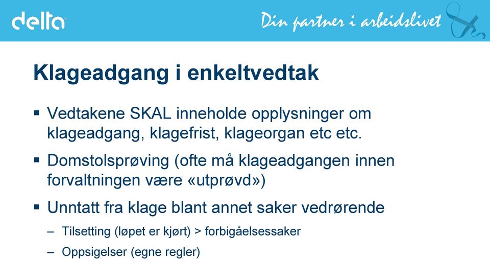 Domstolsprøving (ofte må klageadgangen innen forvaltningen være «utprøvd»)