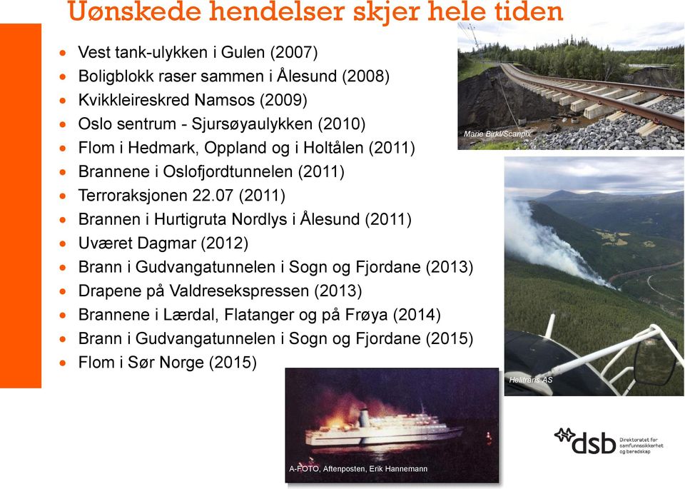 07 (2011) Brannen i Hurtigruta Nordlys i Ålesund (2011) Uværet Dagmar (2012) Brann i Gudvangatunnelen i Sogn og Fjordane (2013) Drapene på Valdresekspressen