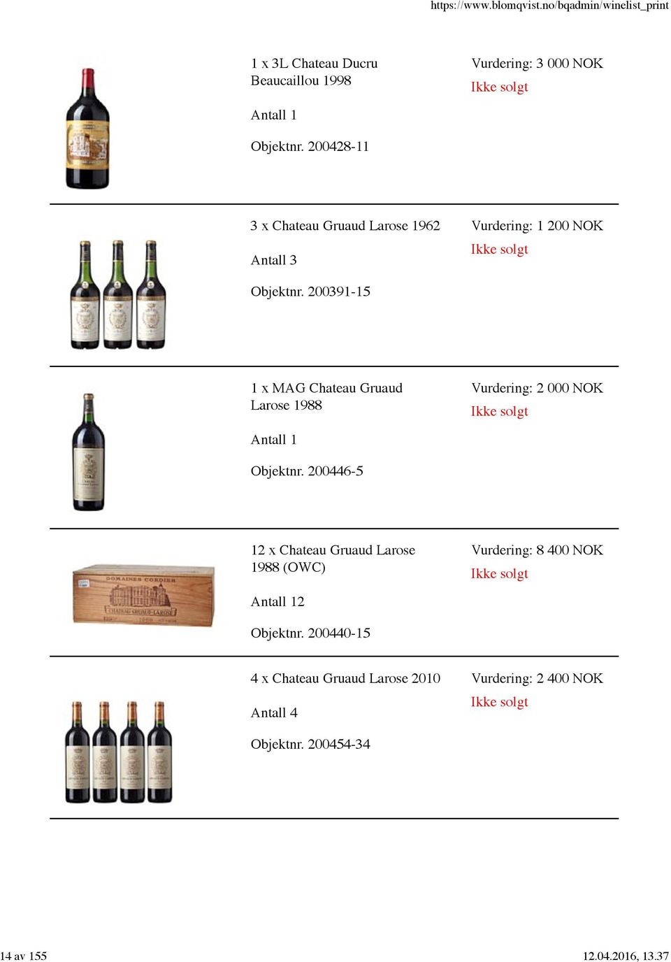 200391-15 1 x MAG Chateau Gruaud Larose 1988 Vurdering: 2 000 NOK Objektnr.