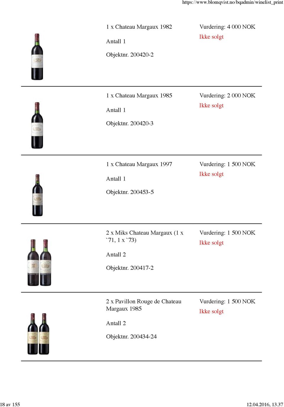 200420-3 1 x Chateau Margaux 1997 Vurdering: 1 500 NOK Objektnr.