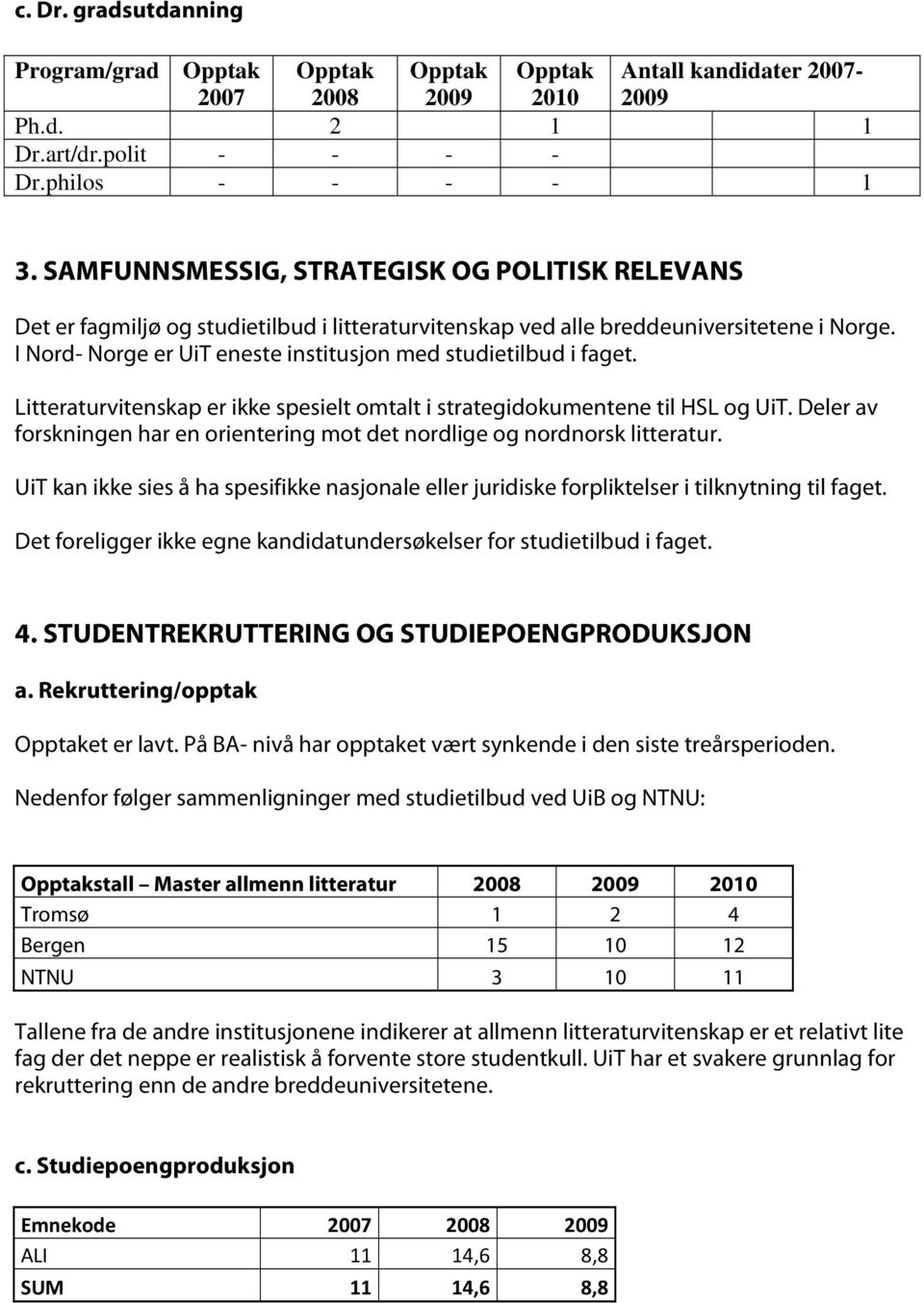 I Nord- Norge er UiT eneste institusjon med studietilbud i faget. Litteraturvitenskap er ikke spesielt omtalt i strategidokumentene til HSL og UiT.