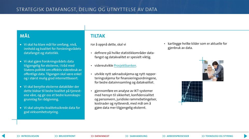 Vi skal benytte eksterne datakilder der dette bidrar til bedre kvalitet på tjenestene våre, og gir oss et bedre kunnskapsgrunnlag for rådgivning.