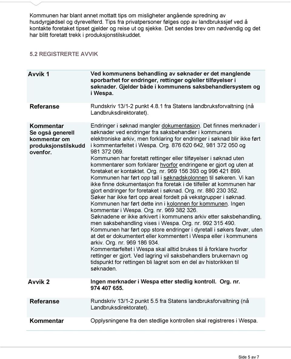 5.2 REGISTRERTE AVVIK Avvik 1 Se også generell kommentar om produksjonstilskudd ovenfor.