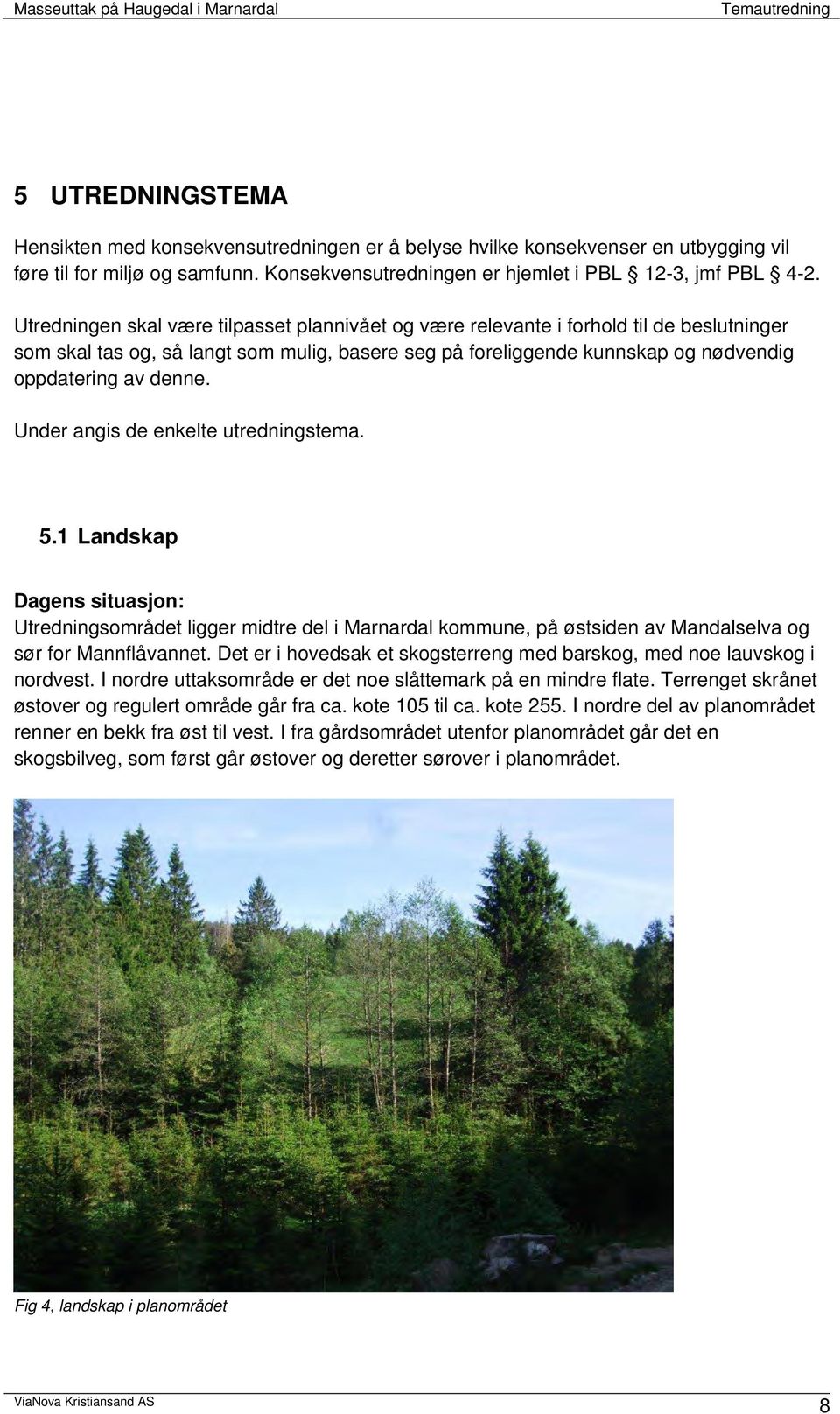 Under angis de enkelte utredningstema. 5.1 Landskap Dagens situasjon: Utredningsområdet ligger midtre del i Marnardal kommune, på østsiden av Mandalselva og sør for Mannflåvannet.