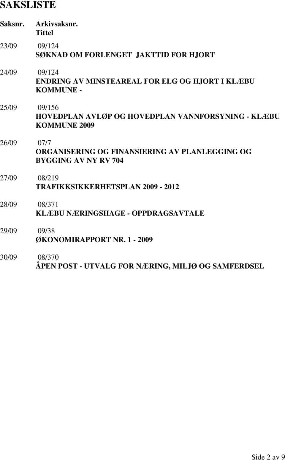 25/09 09/156 HOVEDPLAN AVLØP OG HOVEDPLAN VANNFORSYNING - KLÆBU KOMMUNE 2009 26/09 07/7 ORGANISERING OG FINANSIERING AV