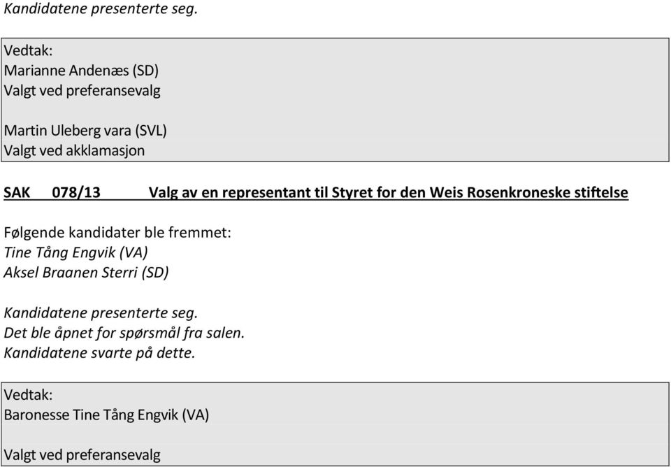 Tång Engvik (VA) Aksel Braanen Sterri (SD) Det ble åpnet for spørsmål