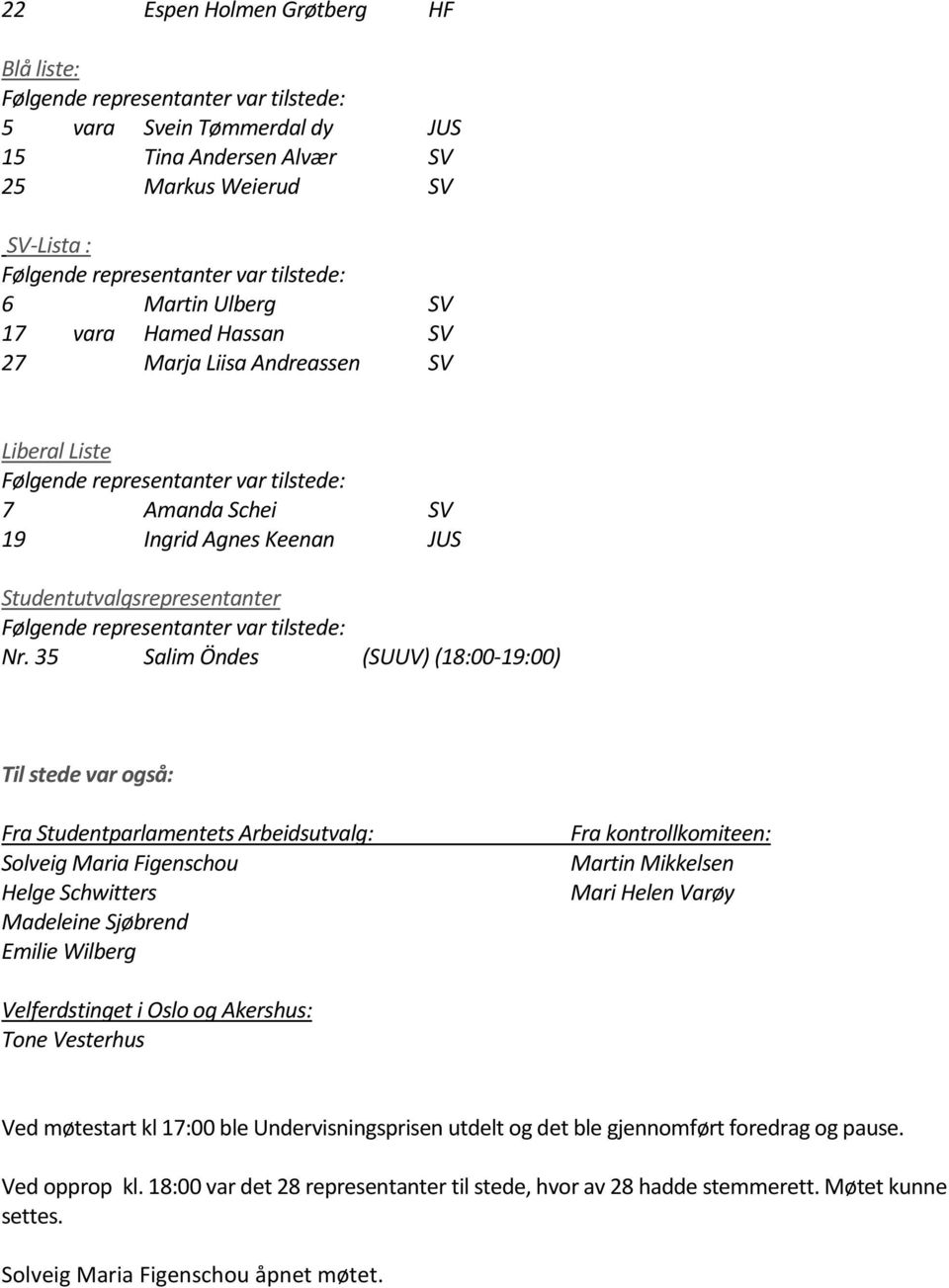 Studentutvalgsrepresentanter Følgende representanter var tilstede: Nr.