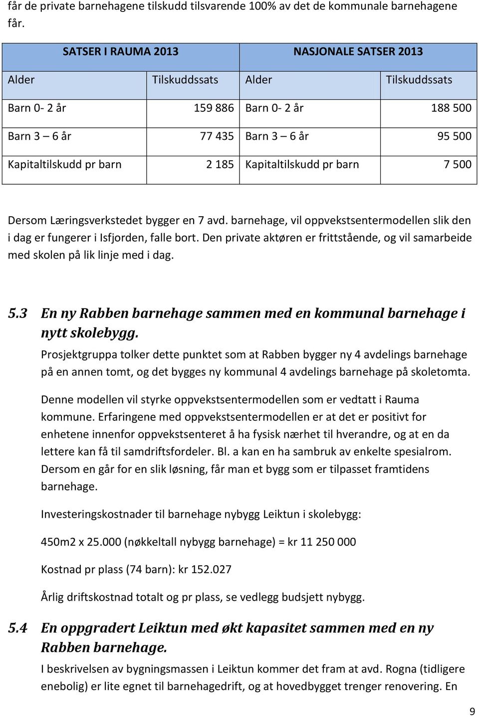 Kapitaltilskudd pr barn 7 500 Dersom Læringsverkstedet bygger en 7 avd. barnehage, vil oppvekstsentermodellen slik den i dag er fungerer i Isfjorden, falle bort.