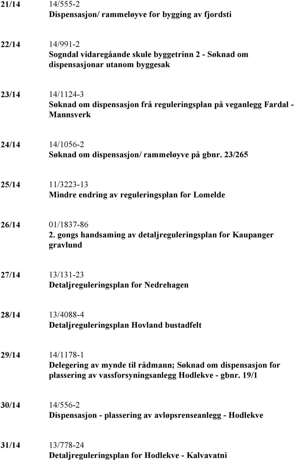23/265 25/14 11/3223-13 Mindre endring av reguleringsplan for Lomelde 26/14 01/1837-86 2.