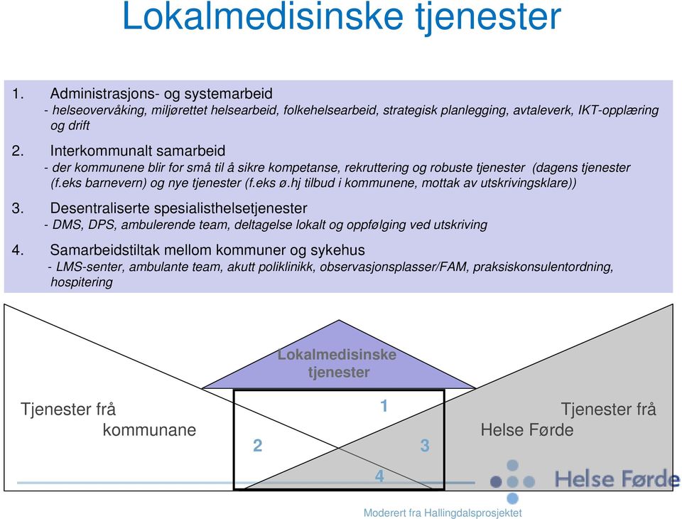 hj tilbud i kommunene, mottak av utskrivingsklare)) 3. Desentraliserte spesialisthelsetjenester - DMS, DPS, ambulerende team, deltagelse lokalt og oppfølging ved utskriving 4.