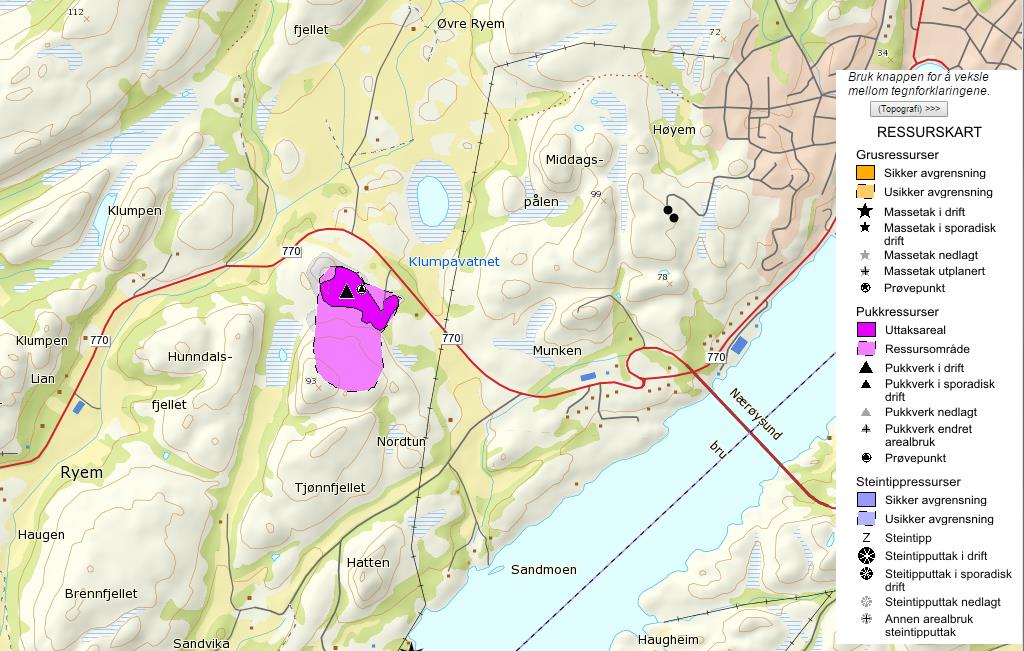 Geologisk ressurs Figur 3-4 Utsnitt fra NGUs pukkdatabase, viser at ressursen er klassifisert som viktig (februar 2016) 1 Figur 3-5 Utsnitt fra NGUs grus og pukkdatabase som angir grusressurs og