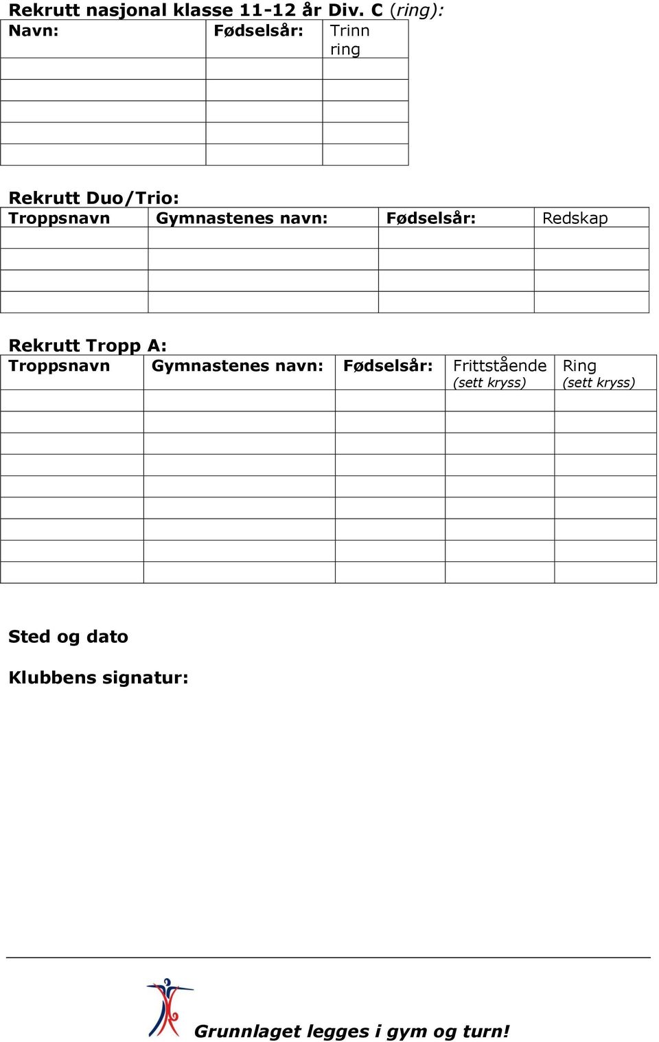 navn: Fødselsår: Redskap Rekrutt Tropp A: Troppsnavn Gymnastenes