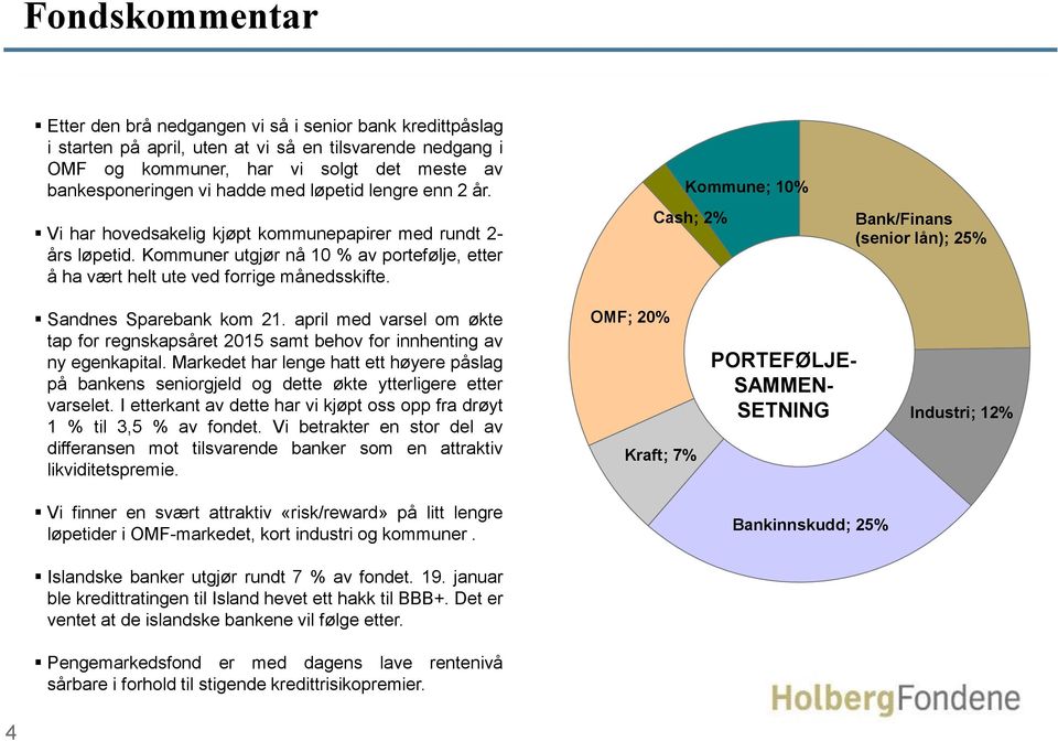 Kommune; 10% Cash; 2% Bank/Finans (senior lån); 25% Sandnes Sparebank kom 21. april med varsel om økte tap for regnskapsåret 2015 samt behov for innhenting av ny egenkapital.