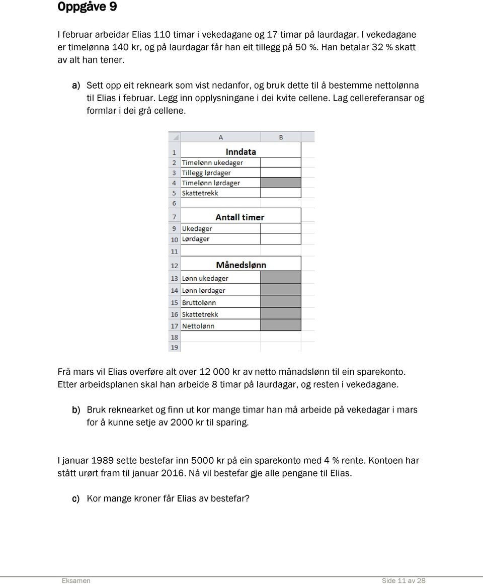 Lag cellereferansar og formlar i dei grå cellene. Frå mars vil Elias overføre alt over 12 000 kr av netto månadslønn til ein sparekonto.