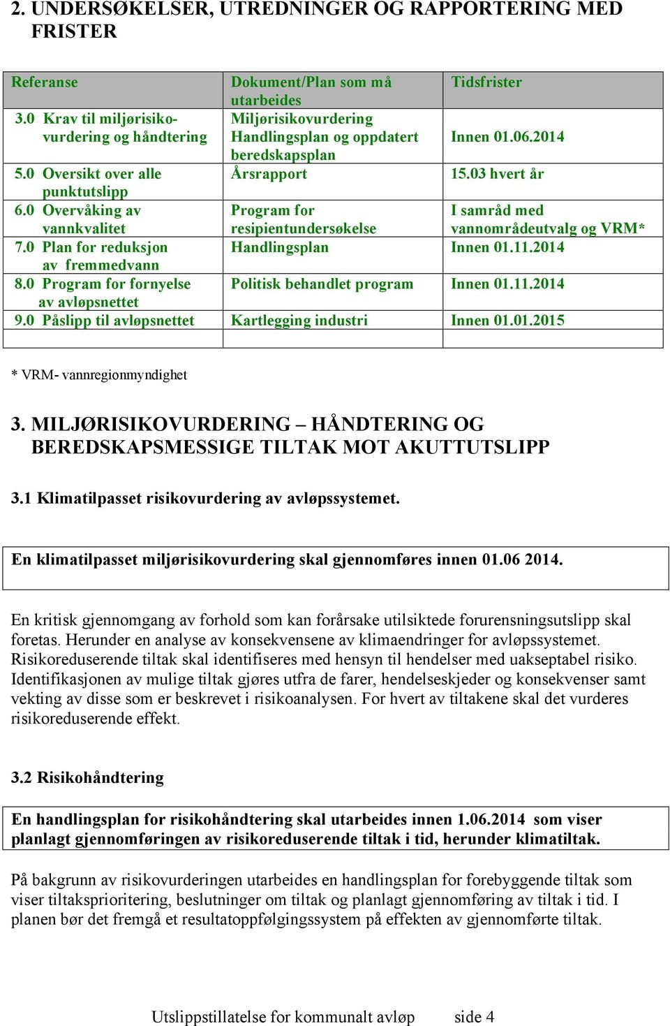 0 Overvåking av vannkvalitet Program for resipientundersøkelse I samråd med vannområdeutvalg og VRM* 7.0 Plan for reduksjon Handlingsplan Innen 01.11.2014 av fremmedvann 8.