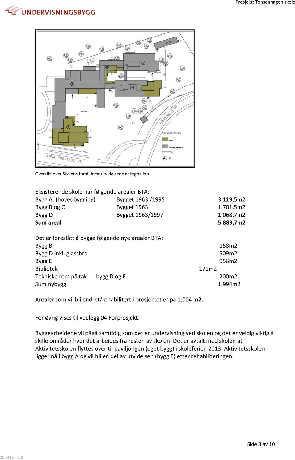 glassbro 509m2 Bygg E 956m2 Bibliotek 171m2 Tekniske rom på tak bygg D og E 200m2 Sum nybygg 1.994m2 Arealer som vil bli endret/rehabilitert i prosjektet er på 1.004 m2.