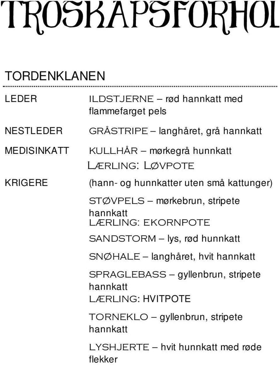 kattunger) STØVPELS mørkebrun, stripete LÆRLING: EKORNPOTE SANDSTORM lys, rød hunnkatt SNØHALE langhåret,