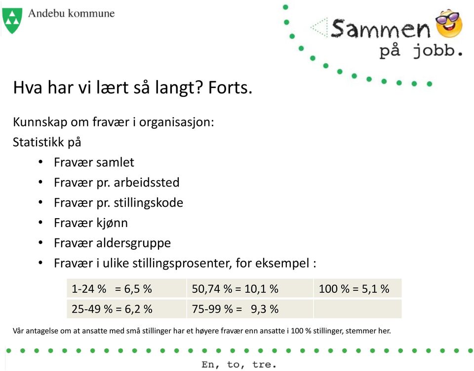 stillingskode Fravær kjønn Fravær aldersgruppe Fravær i ulike stillingsprosenter, for eksempel : 1-24 %