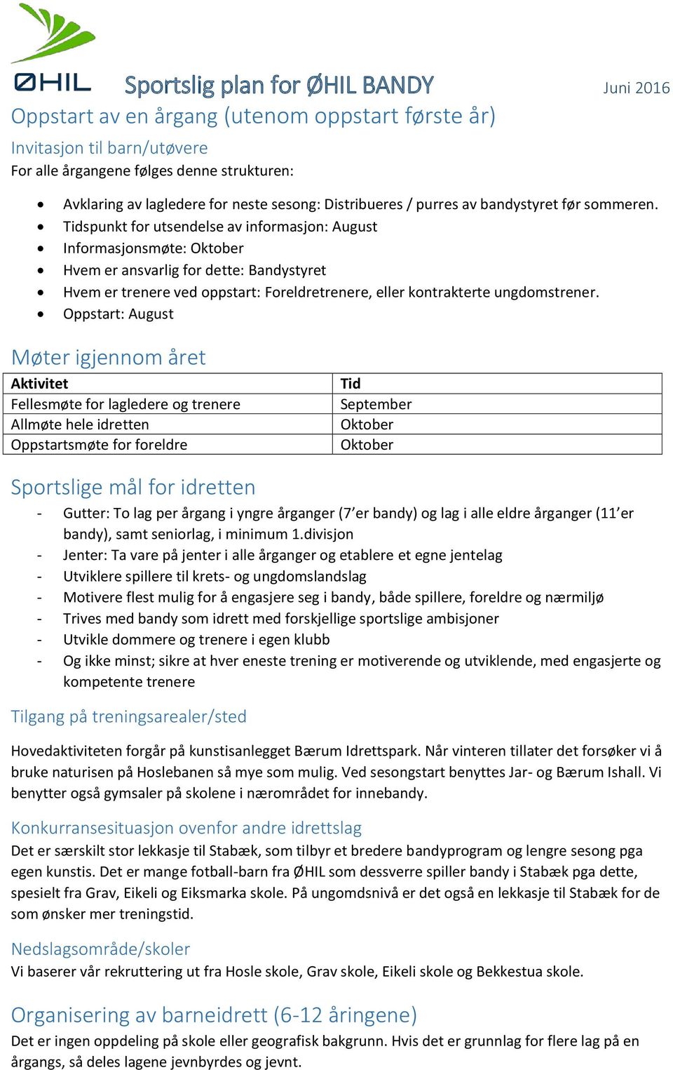 Tidspunkt for utsendelse av informasjon: August Informasjonsmøte: Oktober Hvem er ansvarlig for dette: Bandystyret Hvem er trenere ved oppstart: Foreldretrenere, eller kontrakterte ungdomstrener.