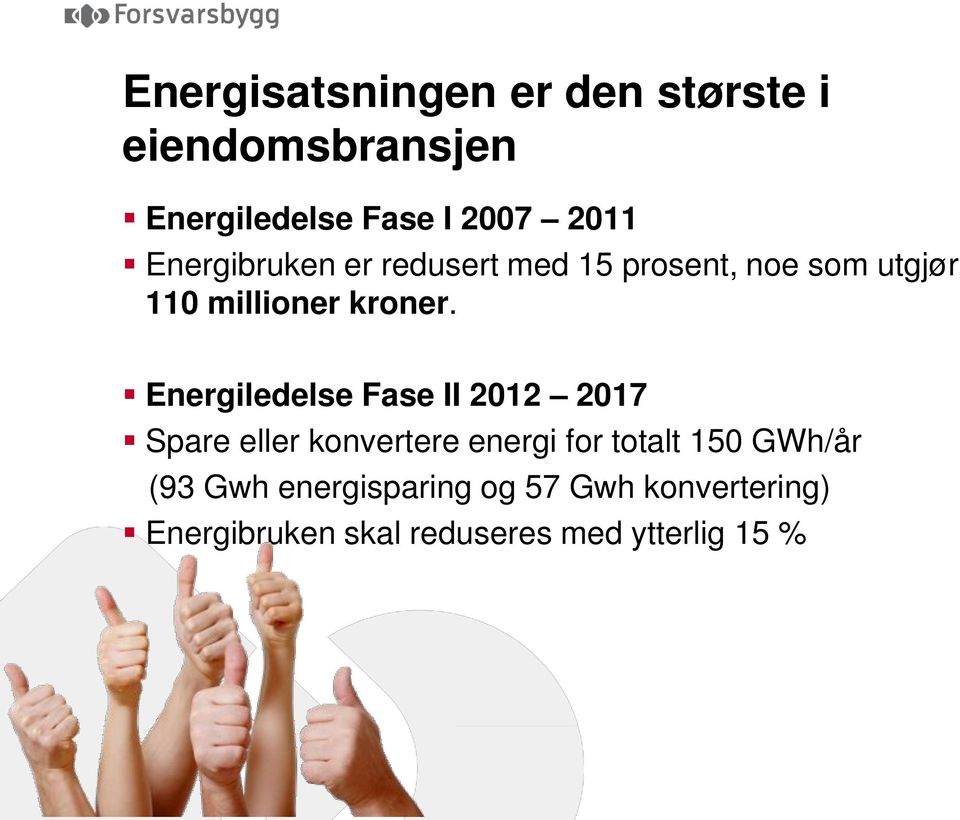 Energiledelse Fase II 2012 2017 Spare eller konvertere energi for totalt 150 GWh/år