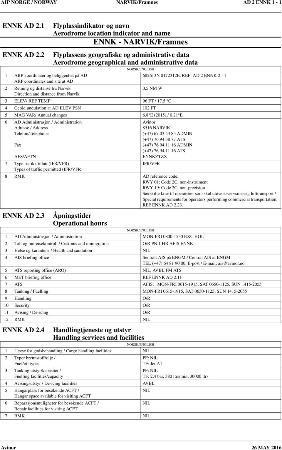 name ENNK - Flyplassens geografiske og administrative data Aerodrome geographical and administrative data 682613N 0172312E, REF: AD 2 ENNK 2-1 0,5 NM W 3 ELEV/ REF TEMP 96 FT / 17.