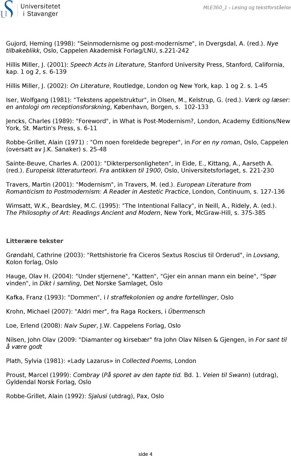 (2002): On Literature, Routledge, London og New York, kap. 1 og 2. s. 1-45 Iser, Wolfgang (1981): "Tekstens appelstruktur", in Olsen, M., Kelstrup, G. (red.). Værk og læser: en antologi om receptionsforskning, København, Borgen, s.