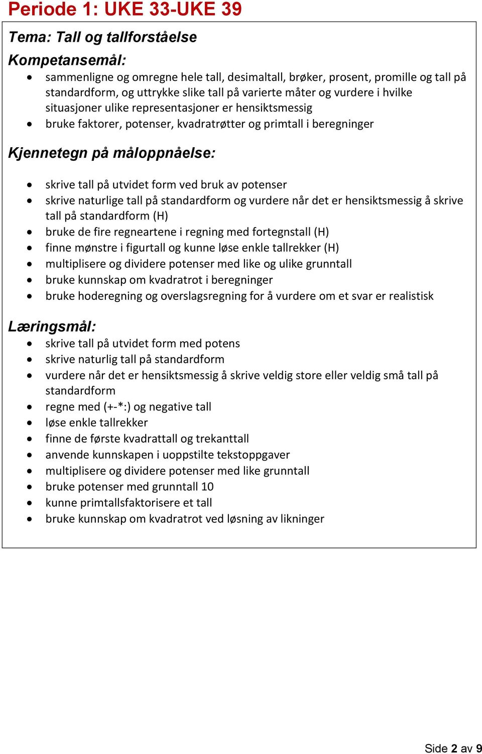 naturlige tall på standardform og vurdere når det er hensiktsmessig å skrive tall på standardform (H) bruke de fire regneartene i regning med fortegnstall (H) finne mønstre i figurtall og kunne løse