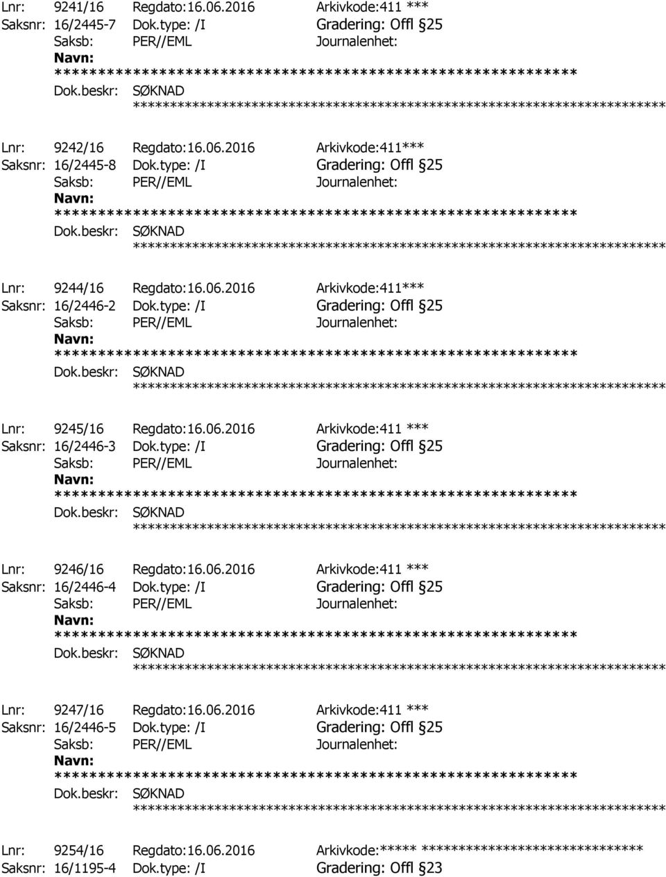 type: /I Gradering: Offl 25 ************ Lnr: 9246/16 Regdato:16.06.2016 Arkivkode:411 *** Saksnr: 16/2446-4 Dok.type: /I Gradering: Offl 25 ************ Lnr: 9247/16 Regdato:16.06.2016 Arkivkode:411 *** Saksnr: 16/2446-5 Dok.