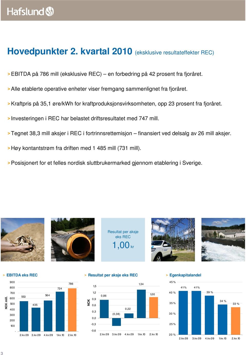 > Investeringen i REC har belastet driftsresultatet med 747 mill. > Tegnet 38,3 mill aksjer i REC i fortrinnsrettemisjon finansiert ved delsalg av 26 mill aksjer.