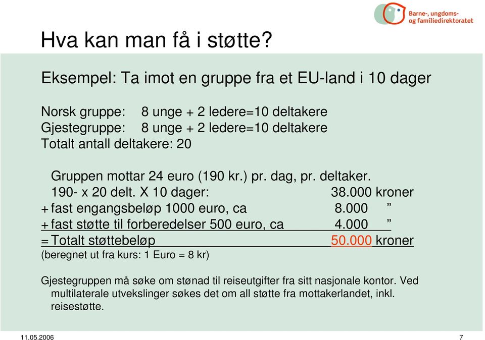 deltakere: 20 Gruppen mottar 24 euro (190 kr.) pr. dag, pr. deltaker. 190- x 20 delt. X 10 dager: 38.000 kroner + fast engangsbeløp 1000 euro, ca 8.