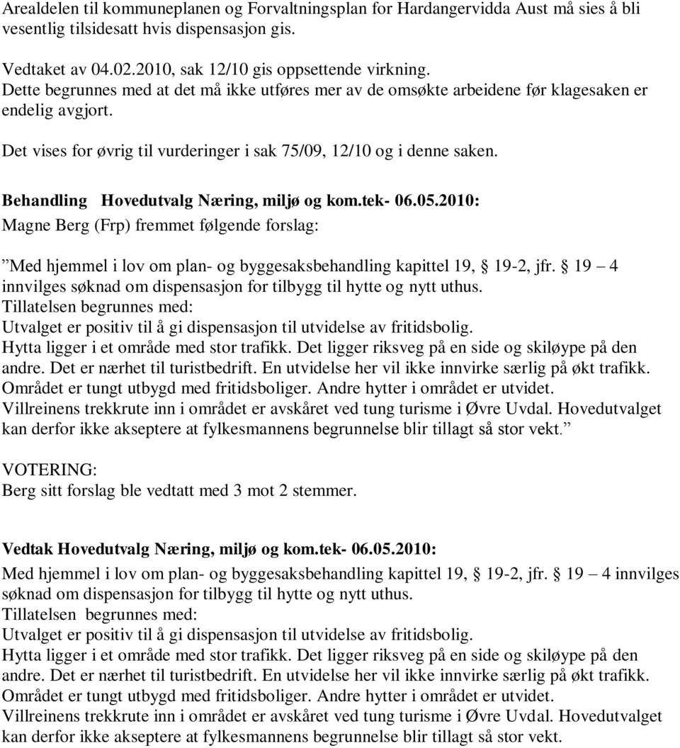 Magne Berg (Frp) fremmet følgende forslag: Med hjemmel i lov om plan- og byggesaksbehandling kapittel 19, 19-2, jfr. 19 4 innvilges søknad om dispensasjon for tilbygg til hytte og nytt uthus.